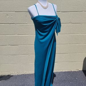 Vintage 1970s Neiman Marcus Teal Evening Party Column Gown Dress